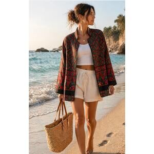 Anne Crimmins UMI Silk Jacket Red Green Print Cropped Art Blazer S